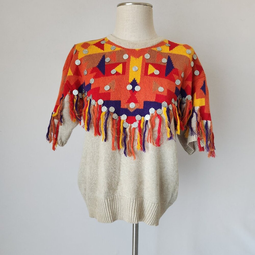 Vintage IB Diffusion Aztec Embellished Fringe Sweater Short Sleeve